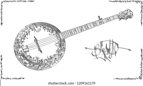 Vector stylized graphic arts sketch of drawing banjo.