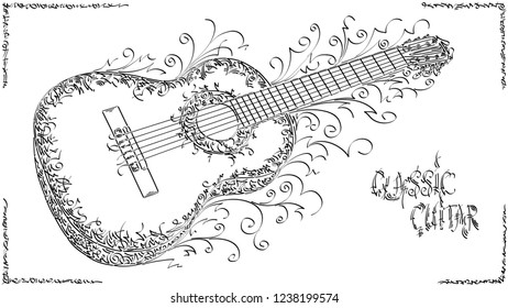 Vector stylized graphic arts sketch of drawing classic guitar.