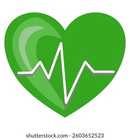 A vector stylized green heart with a white electrocardiogram line running through it, symbolizing health and wellness.