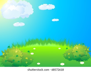 The vector stylized green summer meadow and blue sky width clouds