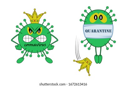 Imagen grotesca de un coronavirus estilizado de 2 tipos: en la corona, amenazante y conectado. Con las inscripciones "Coronavirus" y "Cuarentena".