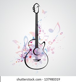Vector stylized guitar on abstract background with notes