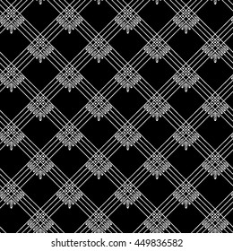Vector stylized hand drawn seamless pattern in the style of boho or hippy. Tribal elements isolated on black