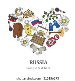 Vector stylized heart with hand drawn symbols of Russia - flag, doll, samovar, balalaika, felt boots, mittens, oven, birch, dumplings. Vector for use in design