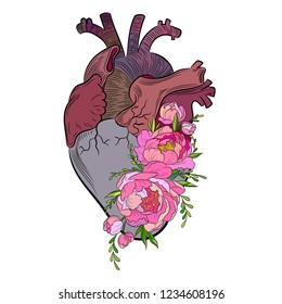 Vector stylized heart illustration with a peonies flowers and blood viens
