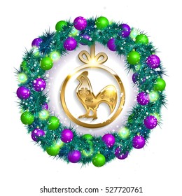 Vector stylized holiday cock. Bird rooster, art, filigree pattern, Christmas wreath. The symbol of the new year Christmas. Vector illustration
