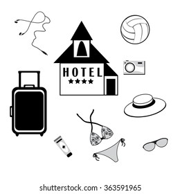Vector stylized icons on a theme of rest at sea in black and white
