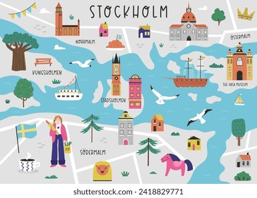 Vector stylized illustrated city map of Stockholm, Sweden with famous landmarks, places and symbols.