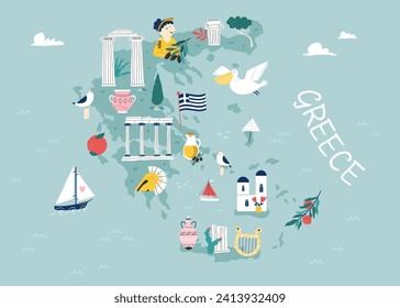 Vector stylized illustrated map of Greece with famous landmarks, places and symbols. Good for posters, frame art, travel leaflets, magazines, souvenirs svg