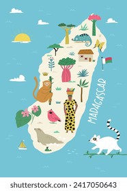 Vector stylized illustrated map of Madagascar island with famous landmarks, places and symbols. Good for posters, frame art, travel leaflets, magazines, souvenirs