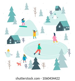 Vector stylized illustration of active young people. Winter season background people vector illustration flat design