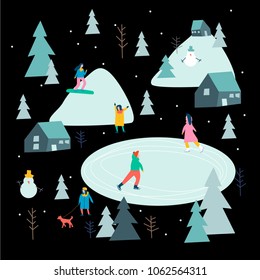 Vector stylized illustration of active young people. Winter season background people vector illustration flat design