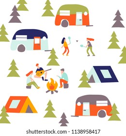 Vector stylized illustration of active young people. Campaign with tents in the forest. Summer season background people vector illustration flat design