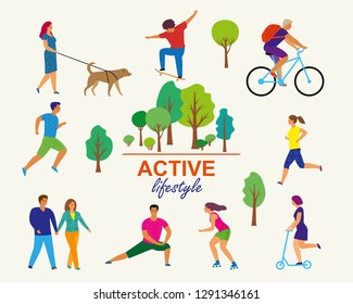 Vector stylized illustration of active young people. Healthy lifestyle. Roller skates, running, bicycle, walk, scooter, skateboard.