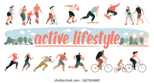 Vector stylized illustration of active young people. Healthy lifestyle. Roller skates, running, bicycle, walk, scooter, skateboard.