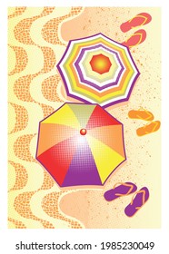 Vector stylized illustration of beach umbrella, slippers and sand. Tropical scene in stripped style.