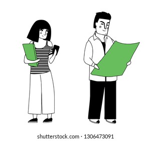 Vector stylized illustration of a beautiful cute girl with a smartphone. Vector stylized illustration of a young man reviewing a project. Illustration for working presentations, advertising banners