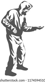 vector stylized illustration of a beggar, holding out a hand for alms