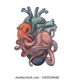 Vector stylized illustration in blue ocean heart with two octopuses