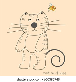 Vector stylized illustration with cat and orange bee on beige background