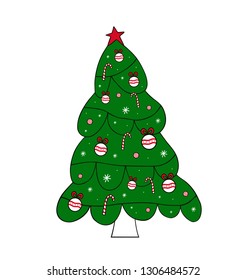 Vector stylized illustration of a christmas tree. Funny happy Christmas attributes for Christmas cards, banners, tags and labels.