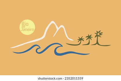 Vector, ilustración estilizada del paisaje costero de la ciudad de Río de Janeiro, Brasil. Dibujo con trazos simples y desnudos.