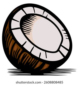 A vector stylized illustration of a coconut, showcasing its brown outer shell and white inner flesh. The coconut is depicted in a slightly tilted position, emphasizing its round shape and texture.