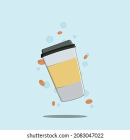 
Vector Stylized illustration of coffee cup on the sky blue background with shadow and coffee beans for web and mobile.