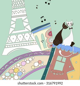 Vector stylized illustration with cute french cats in Paris city