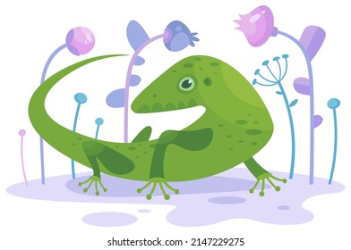 Vector stylized illustration of a cute lizard among plants isolated on a white background