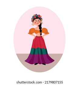 Vector stylized illustration of a cute Spanish girl with flowers on her head in a flat style. Beautiful southern brunette girl with a scythe in a long skirt