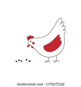Vector stylized illustration - cute white chicken standing and pecking grain. Isolated on white background flat cartoon bird in folk style for cards, prints, icons or logos of nature organic food