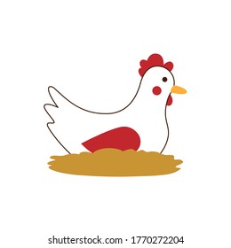 Vector stylized illustration - cute white chicken sitting in nest. Isolated on white background flat cartoon bird in folk style for cards, prints, nature organic food products design - icons or logos