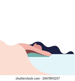 vector stylized illustration of a girl sweetly sleeping in bed with her hair scattered on the pillow in pastel colors on a white background. useful for advertising relaxation products, sleep products