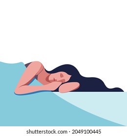 ilustración vectorial estilizada de una muchacha durmiendo dulcemente en la cama con su pelo esparcido en la almohada en colores pastel sobre un fondo blanco. útil para publicitar productos de relajación, productos de sueño