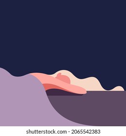 vector stylized illustration of a girl sweetly sleeping in bed with her hair scattered on the pillow in pastel colors on a dark background. useful for advertising relaxation products, sleep products