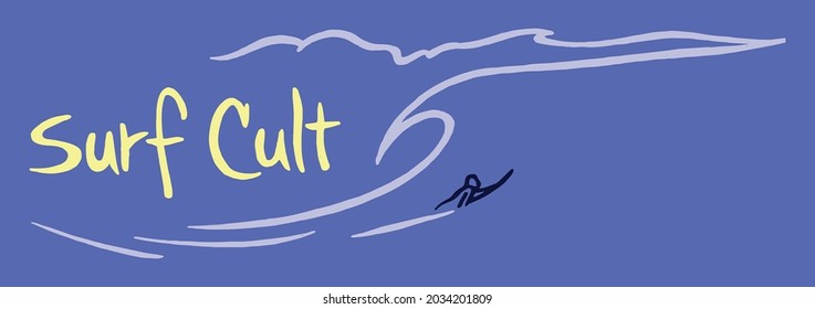 Vector stylized illustration, handmade of surfer silhouette on wave. Art in minimalist and stripped lines.