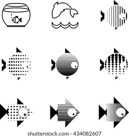 Vector stylized illustration or icon of Fish in the form of arrow or a circle. Logo design for the company.