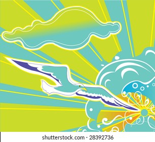 Vector Stylized  Illustration  of an idyllic summer scene with waves, sun and seagull