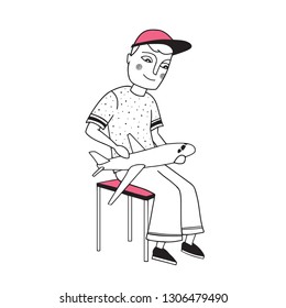 Vector stylized illustration of a little boy who plays with an airplane model. Illustration of a future pilot / engineer/schoolboy