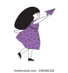 Vector stylized illustration of a little girl who launches a paper plane