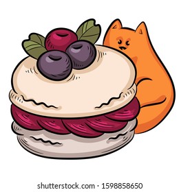 Vector stylized illustration of macaroon with berries and orange cat on the background