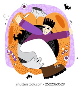 Vector stylized illustration on the theme of a boy with a pumpkin. Flat or doodle illustration on the theme of Halloween.