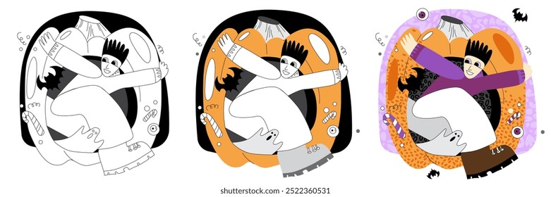 Vector stylized illustration on the theme of a boy with a pumpkin. Flat or doodle illustration on the theme of Halloween.