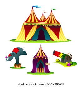 Vector stylized illustration, a set of elements or icons for a circus, featuring an elephant, a circus tent, a gan, and shells.