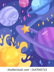 Vector stylized illustration of space, planets and stars for posters, books and covers
