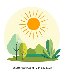 Vector stylized illustration of sunrise pure nature with pure energy.