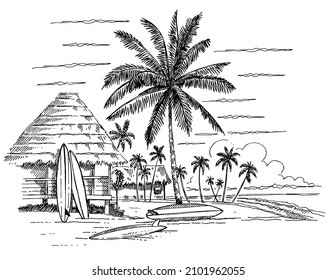 Vector stylized illustration of tropical landscape with hut and surfboards.