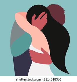 Vector Stylized Illustration Of Two Hugging People In Love In A Nice Color Palette. Useful For Valentine's Day Card Or International Hug Day, Flyers, Wedding Invitations, Love Declarations, Print, Web