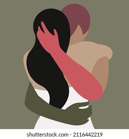 vector stylized illustration of two hugging people in love in a nice color palette. useful for Valentine's Day card or International Hug Day, flyers, wedding invitations, love declarations, print, web